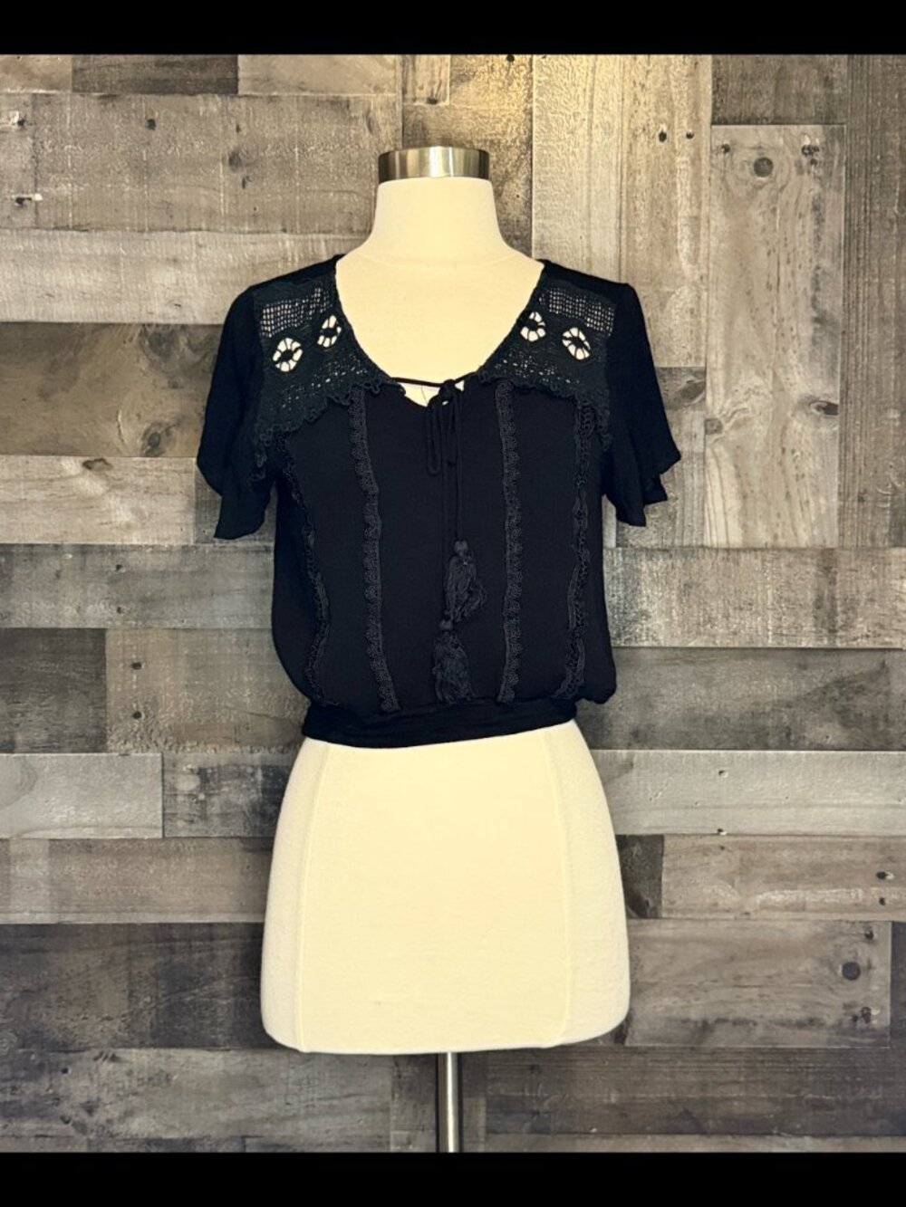 Black cropped peasant top small festival boho coastal cowgirl western summer